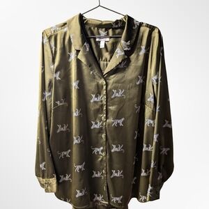 Denim&Co Olive Button Down Shirt with Leopard Print